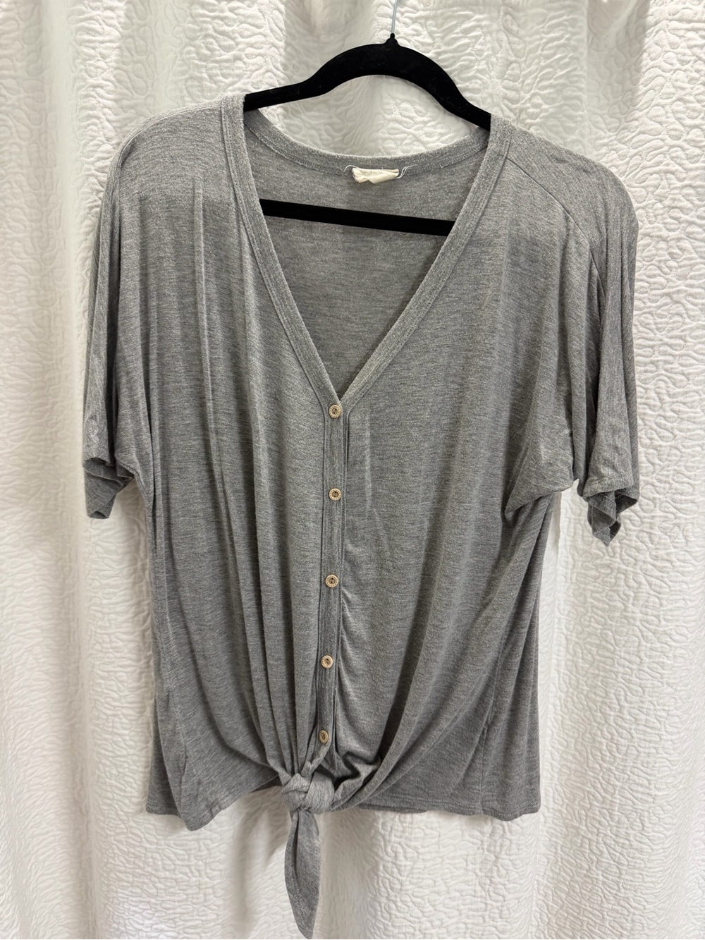 Gray Button-Front Tie Hem Top